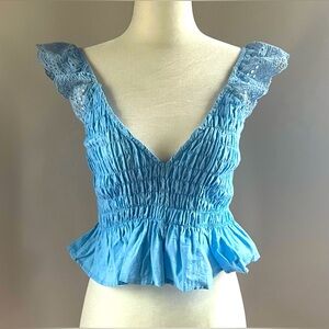 NEW Baby blue Smocked Lace Trim Top juniors medium